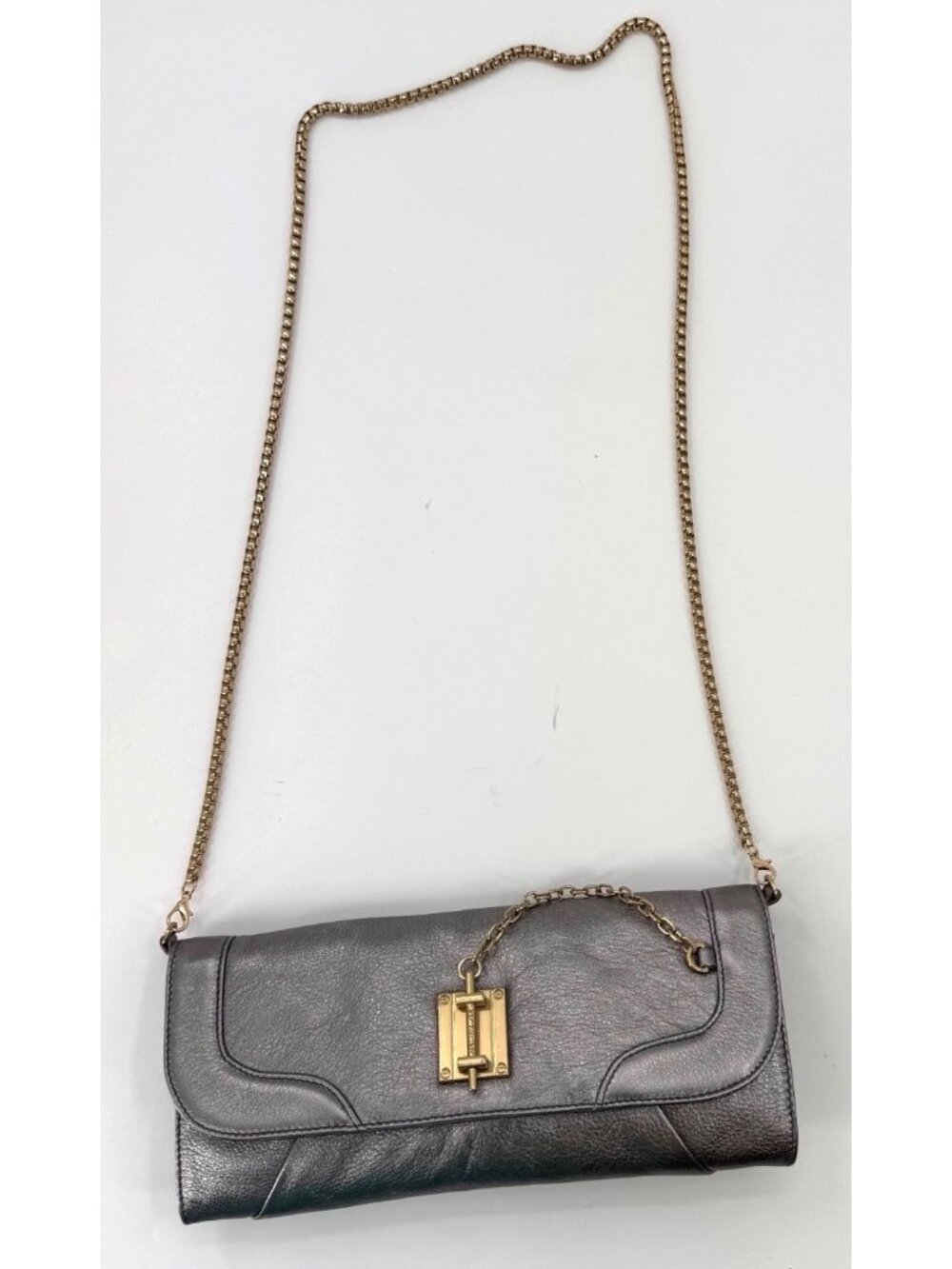 Rachel Zoe Metallic Leather Clutch With Gold Chain Strap And Turnlock Closure